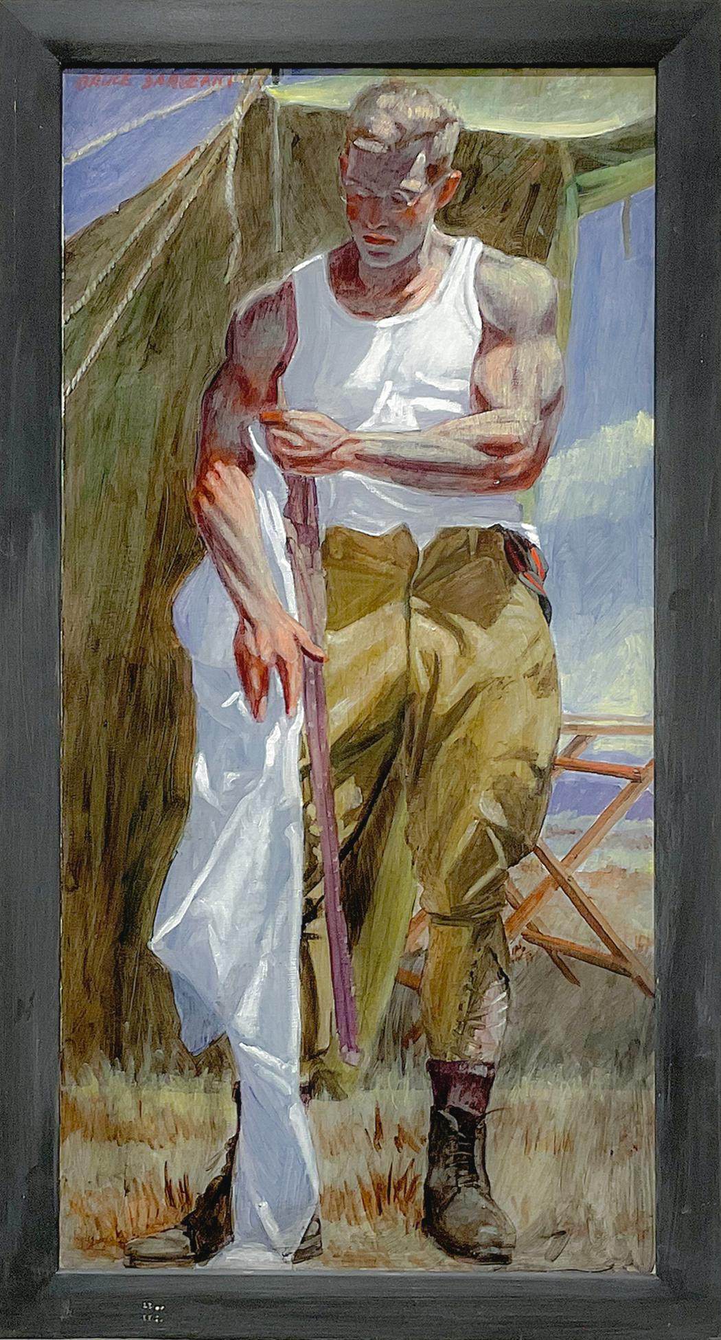 At the Camp (Academic Figurative Painting of Young Male Hunter by Mark Beard)