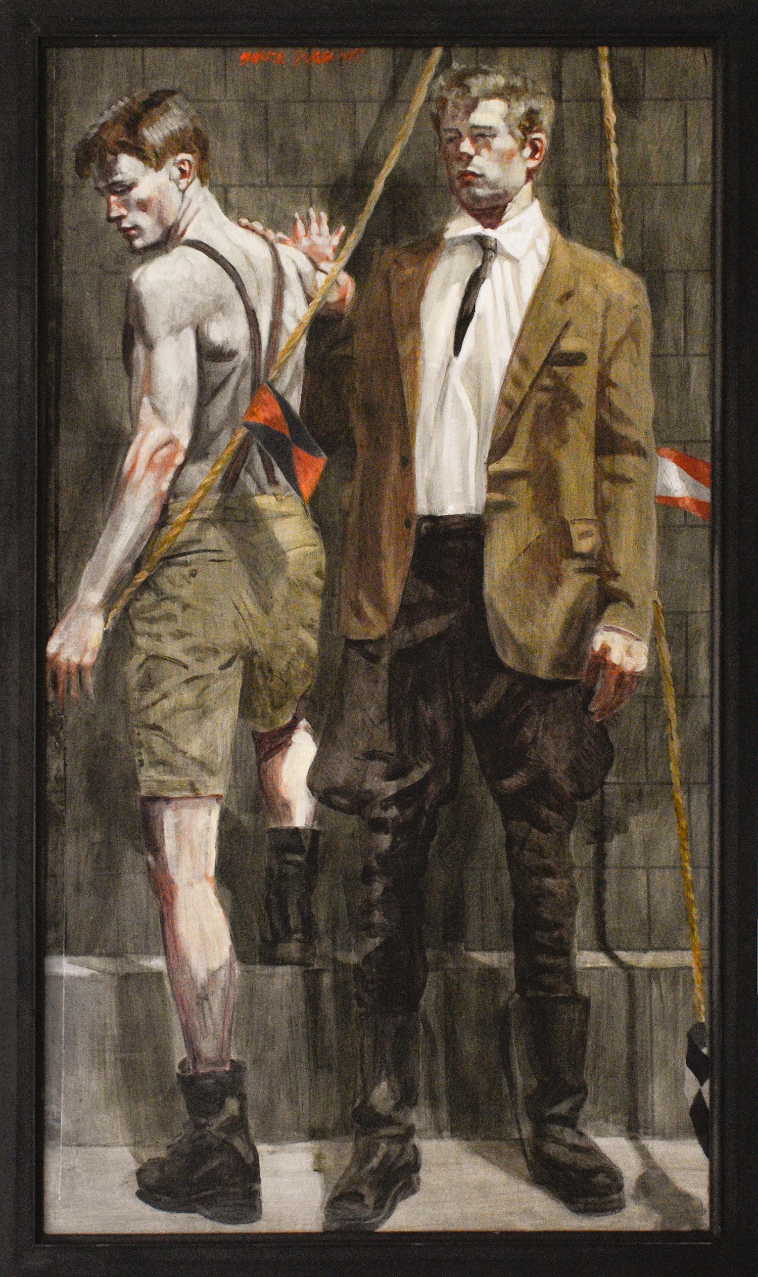 Peinture figurative de style académique représentant deux hommes en pantalon et costume avec des drapeaux de marine par Mark Beard alias "Bruce Sargeant".
"Boy in Suit", peint à la fin des années 90 et au début des années 2000 pour le magasin phare