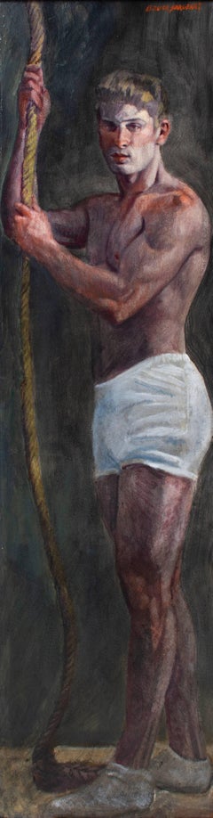 Boy on Rope III (Large Figurative Painting on Canvas of an Athlete on a Rope)