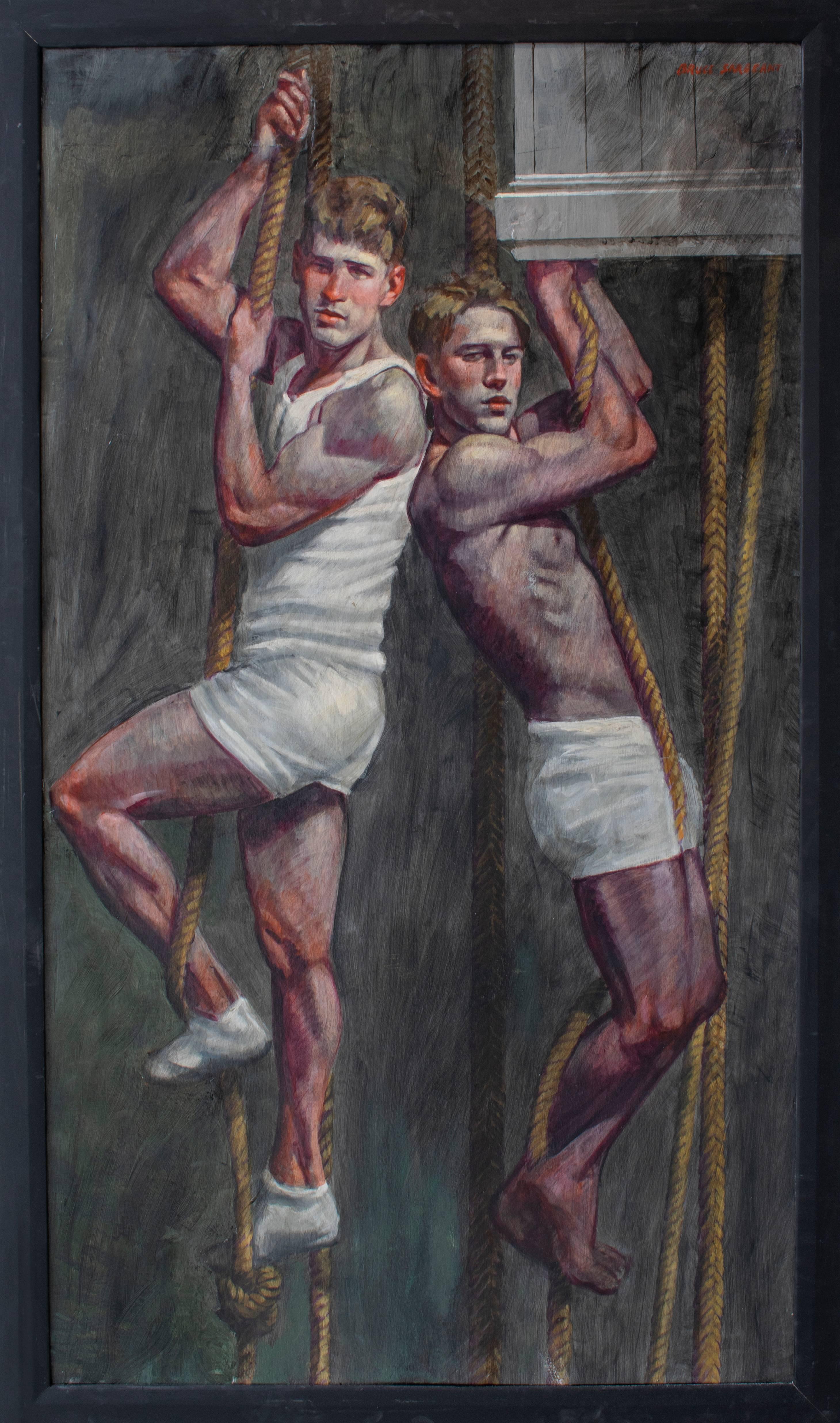 Academic style figurative painting of athletic male models climbing ropes by Mark Beard
oil on canvas mounted on panel
71.5 x 42.5 inches, 81 x 48 inches framed

This modern figurative painting on canvas of two athletes climbing gym ropes was