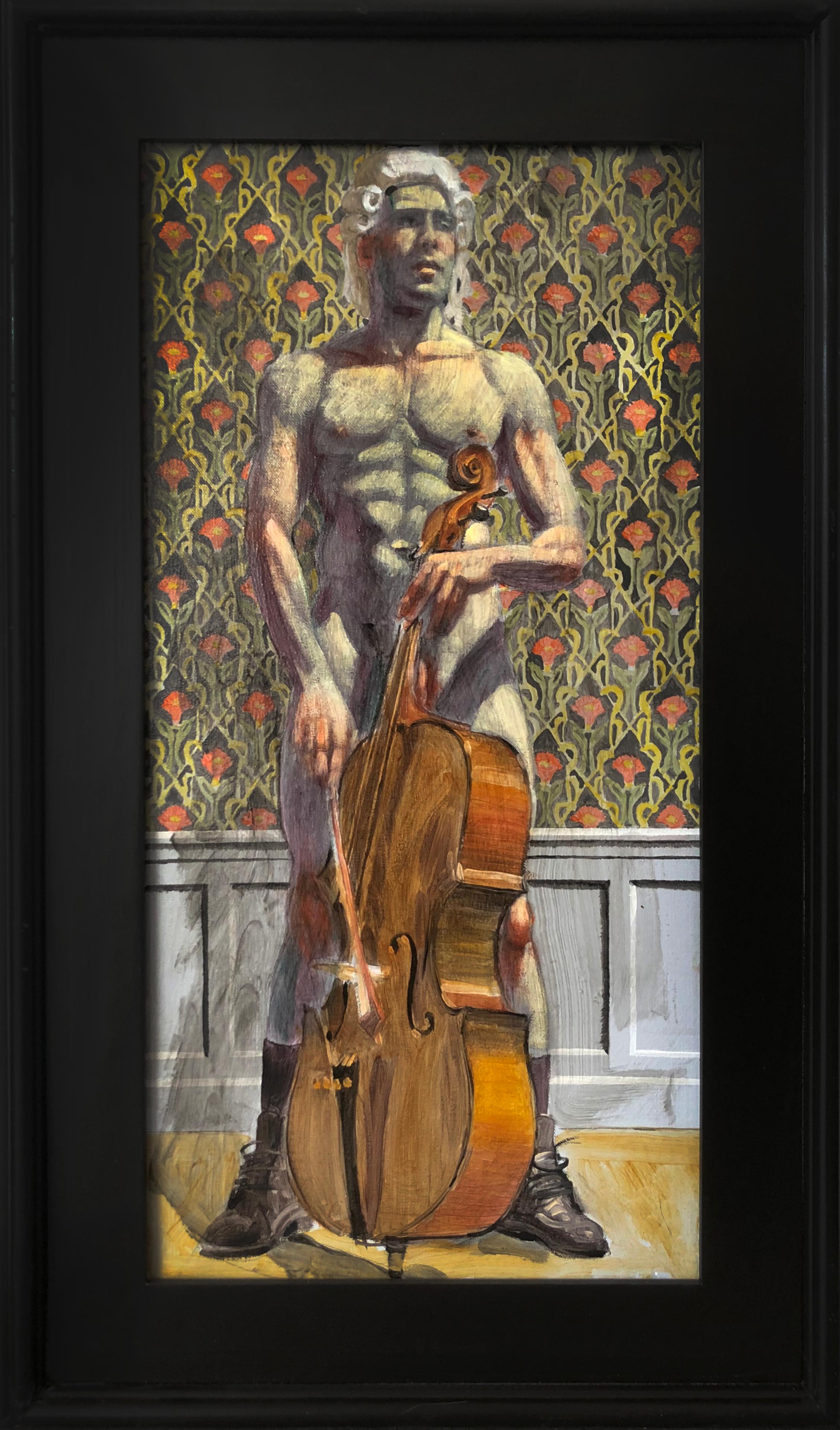 Mark Beard Figurative Painting - Cello Player in Powdered Peruke
