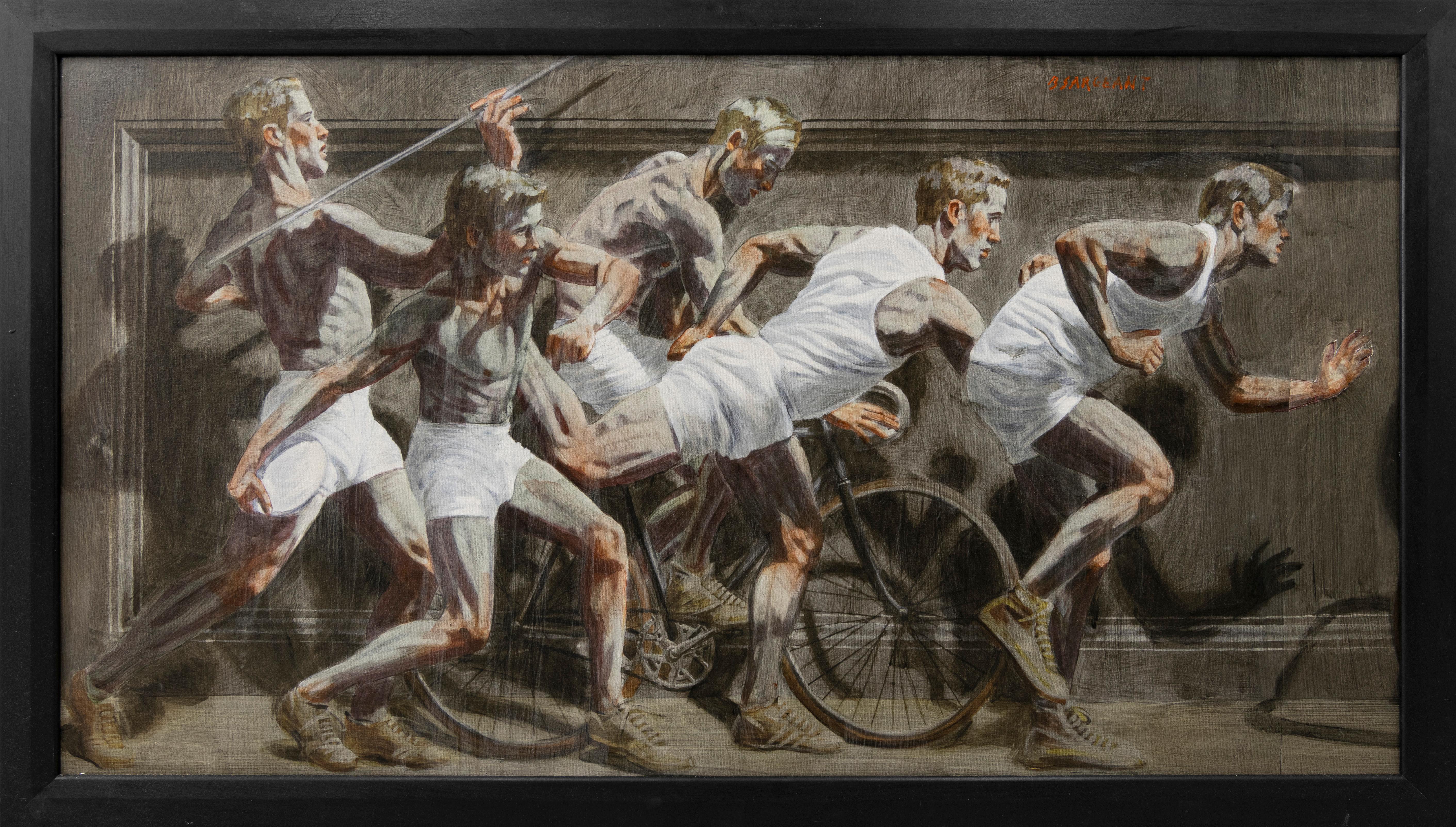 Mark Beard Figurative Painting - [Bruce Sargeant (1898-1938)] Frieze with Five Tightly Grouped Athletes