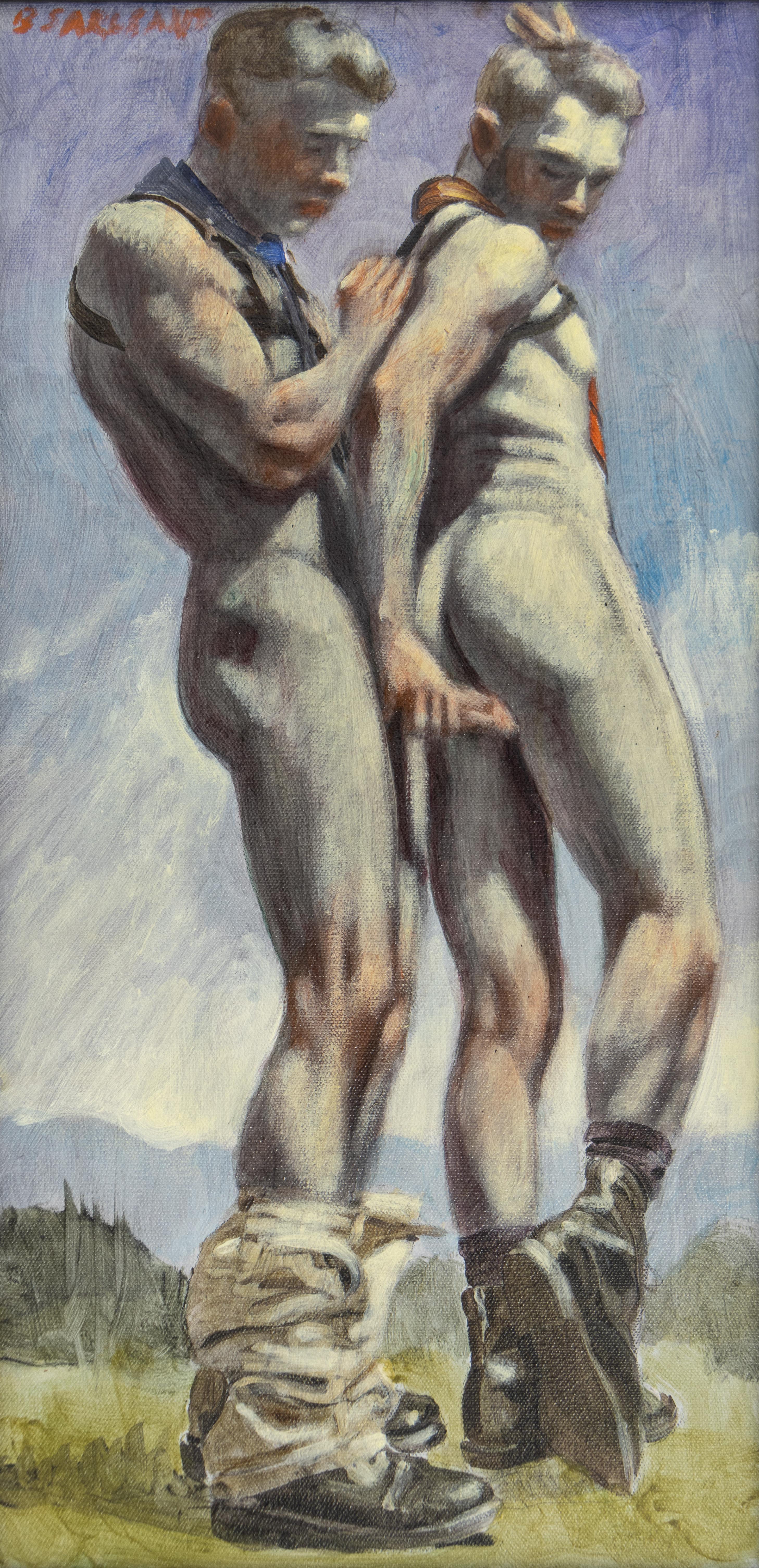 This painting by Mark Beard is offered by CLAMP in New York City.

[Bruce Sargeant (1898-1938)] One Man Behind Another
n.d.

Signed in red, u.l.

Oil on canvas

24 x 12 inches (61 x 30.5 cm)