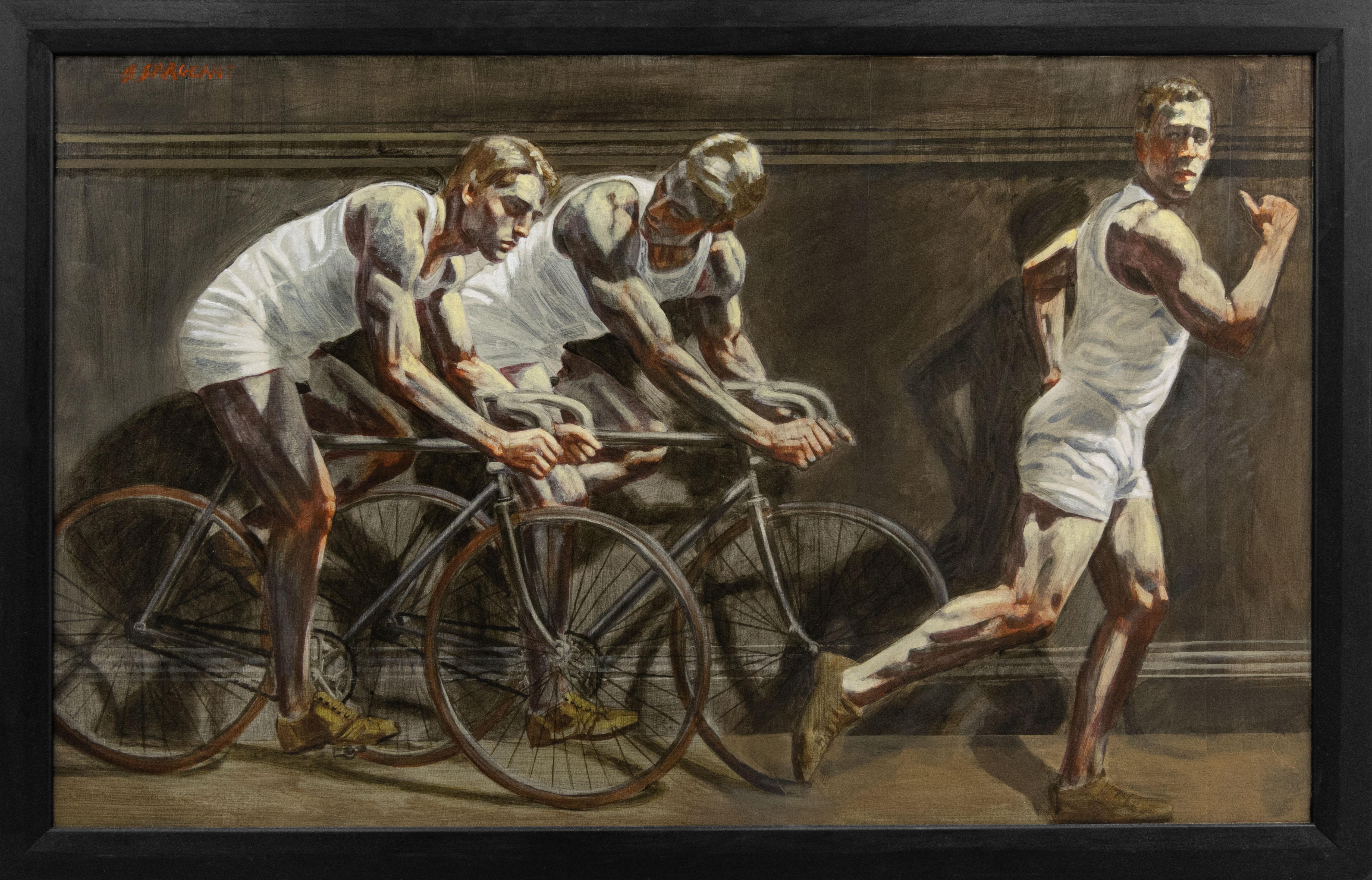 Mark Beard Figurative Painting – [Bruce Sargeant (1898-1938)] Zwei Radfahrer und ein Läufer