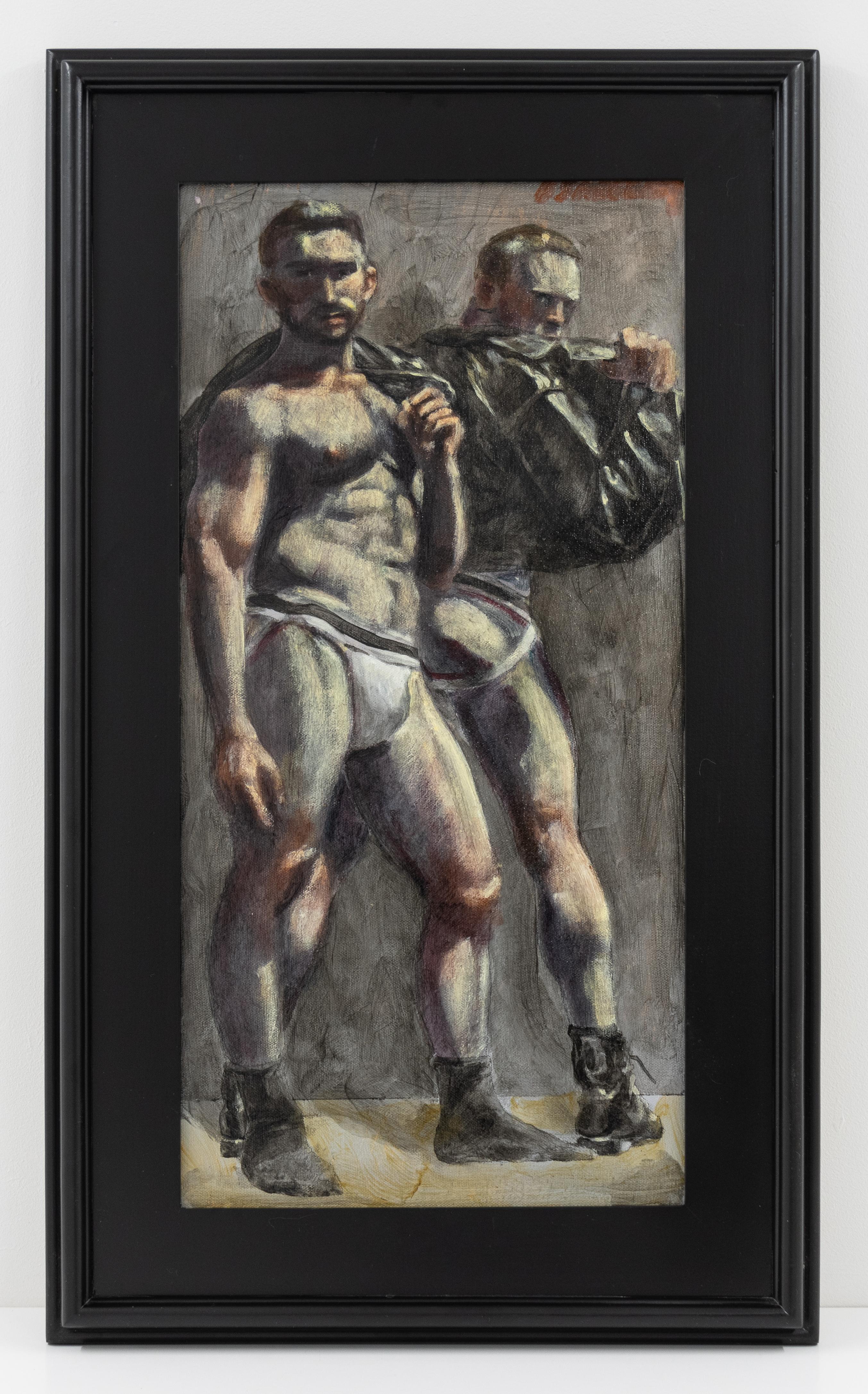 [Bruce Sargeant (1898-1938)] Deux hommes en veste de cuir et en jockstraps - Painting de Mark Beard