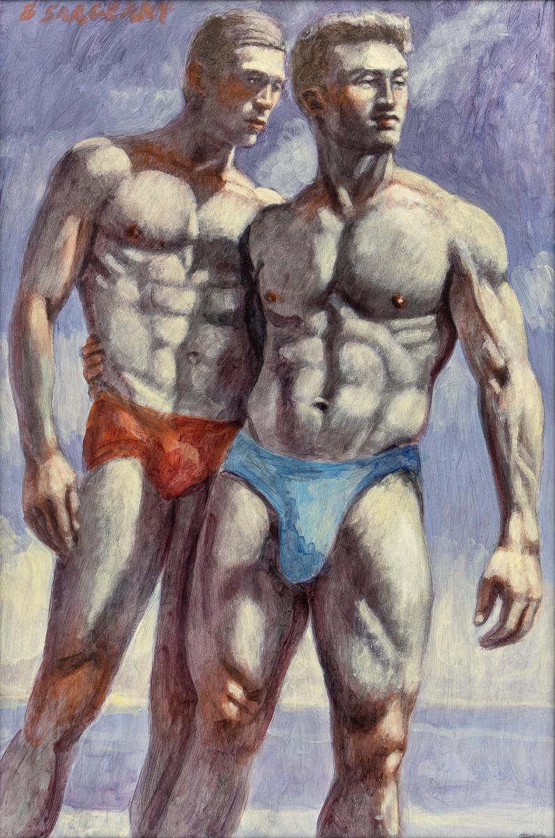 [Bruce Sargeant (1898-1938)] Deux hommes à la plage - Gris Nude Painting par Mark Beard