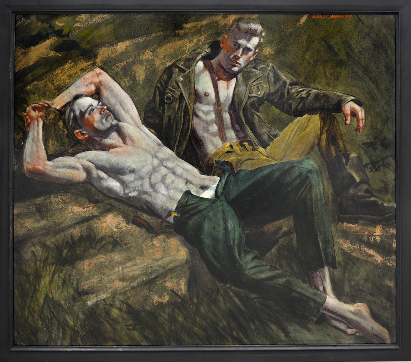 Mark Beard Figurative Painting – [Bruce Sargeant (1898-1938)] Zwei Männer, die sich auf einem Felsen entspannen
