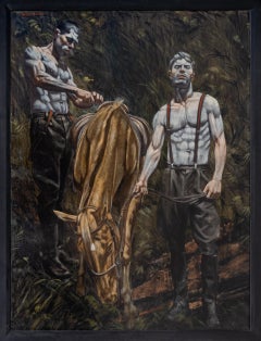 [Bruce Sargeant (1898-1938)] Two Men Wearing Suspenders with a Brown Horse