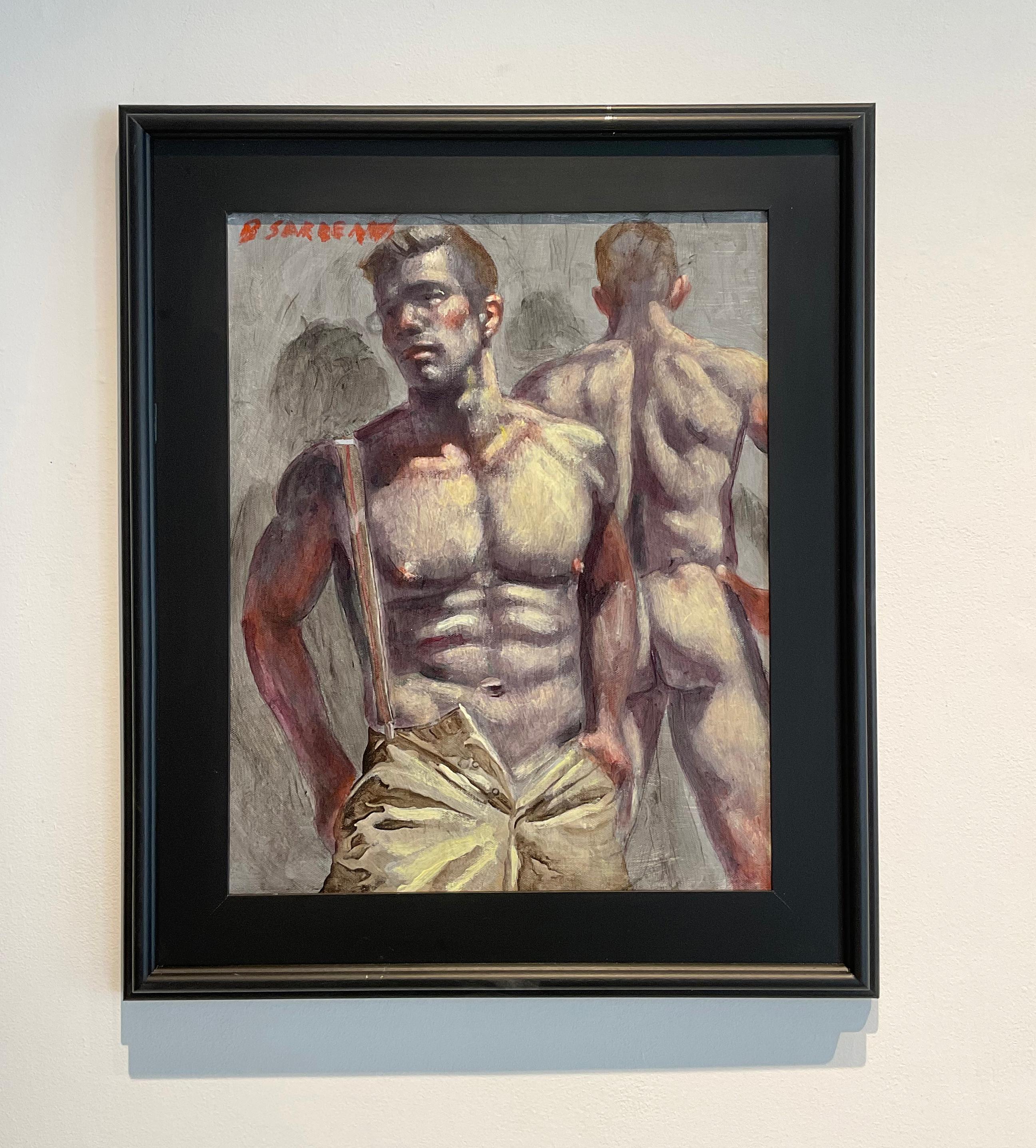 Academic style figurative oil painting of a muscular male model by Mark Beard as Bruce Sargeant 
