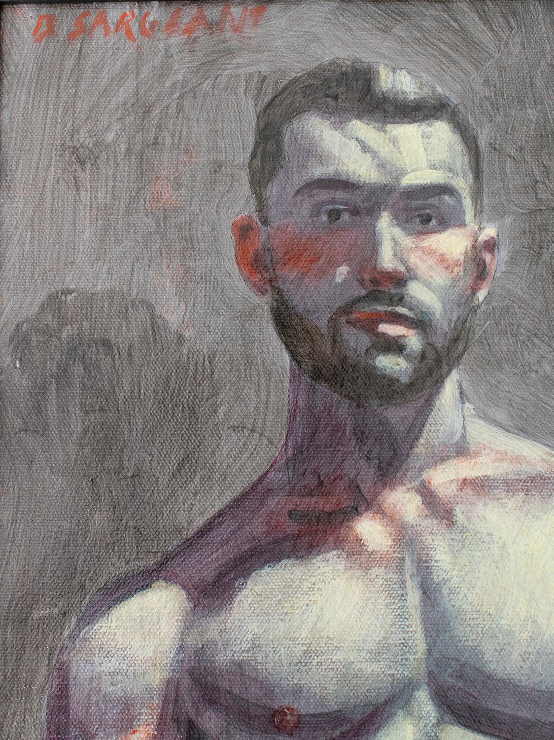 Academic figurative painting of a handsome bearded man undressing 
