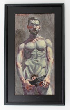 Christopher Undressing (peinture figurative masculine académique de Mark Beard)