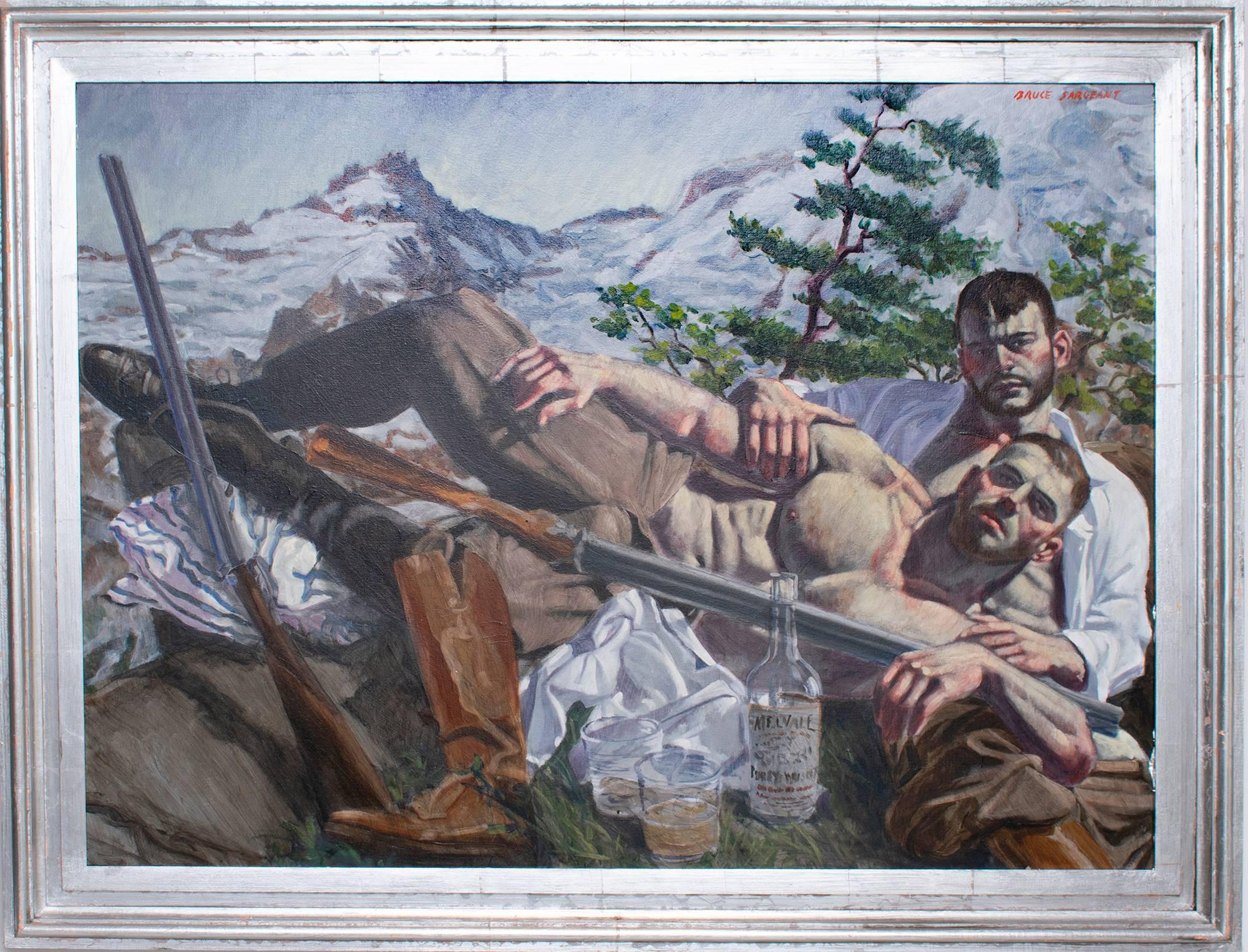Academic style figurative painting of two men in the mountains.
43 X 57.5 inches in silver leaf wood frame 

Named Déjeuner (French for lunch), this modern figurative painting on canvas of two men in the mountains was painted by Mark Beard under his
