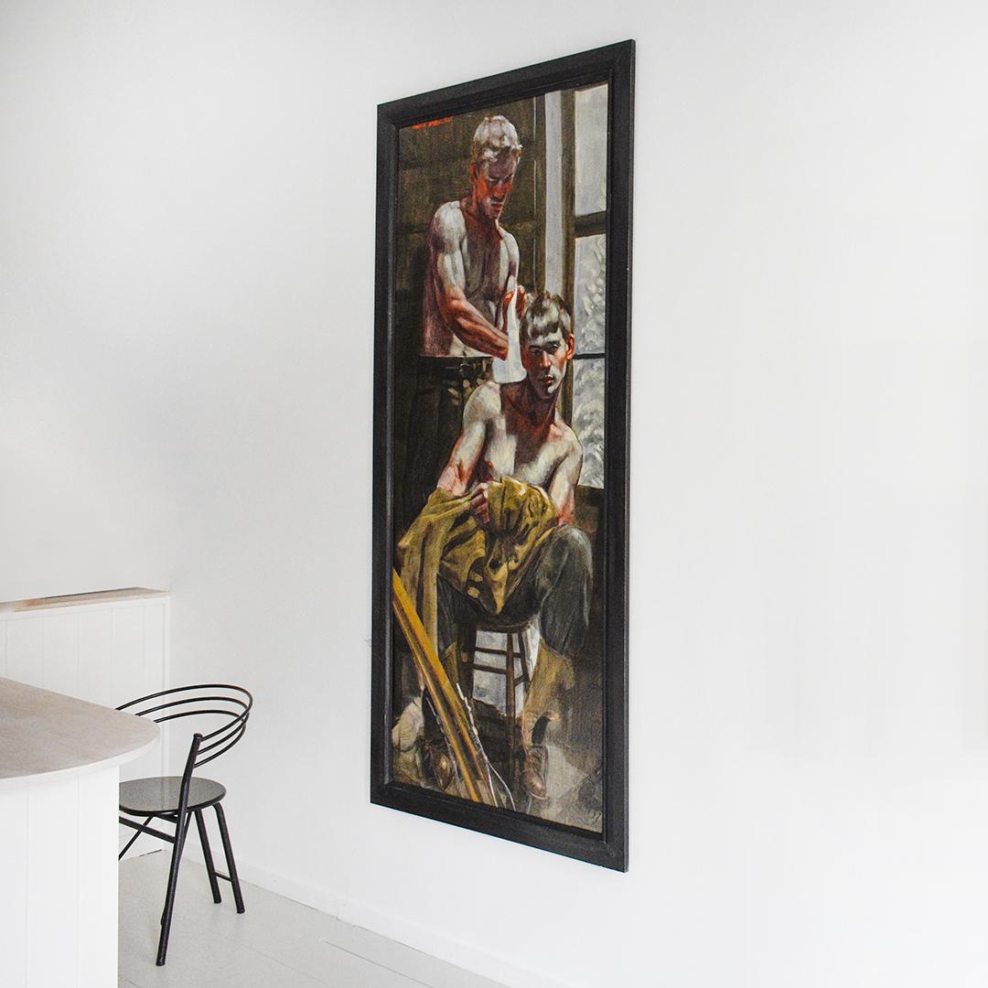 Vestirse en la logia (Pintura figurativa de hombres, Mark Beard, Bruce Sargeant) 4