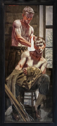 Dressing in the Lodge (peinture figurative d'hommes, Mark Beard, Bruce Sargeant)