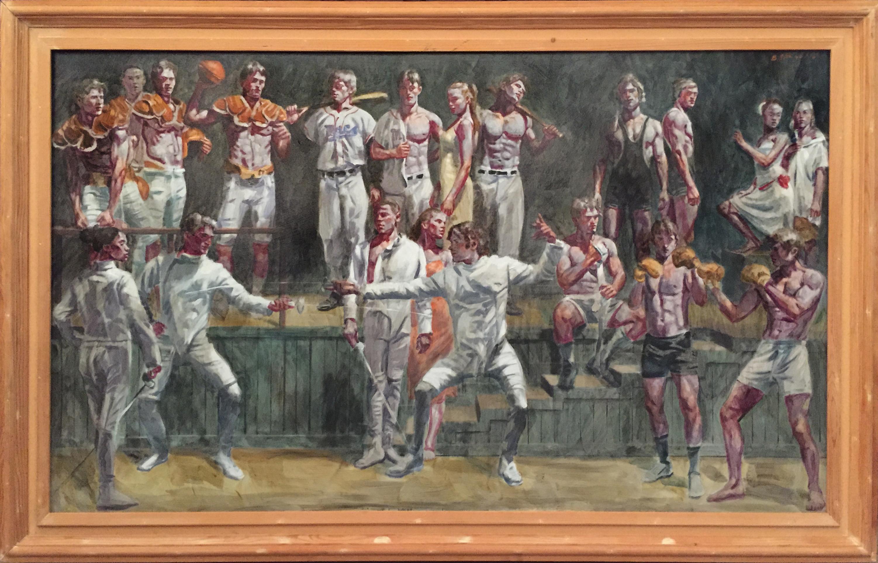 Academic style figurative painting of fencers and other young men and women in various stages of sport by Mark Beard as 'Bruce Sargeant'
Oil on canvas, 36 x 60 inches unframed, 42 x 66 inches in wood frame
Signed 'B. Sargeant' in upper right