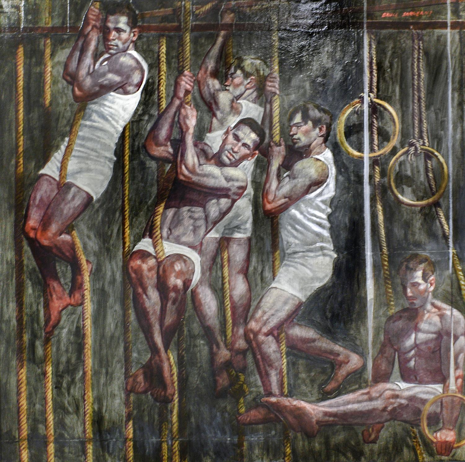 Fünf Gymnastinnen im Training (große figurative Malerei von Athleten im akademischen Stil) (Akademisch), Painting, von Mark Beard