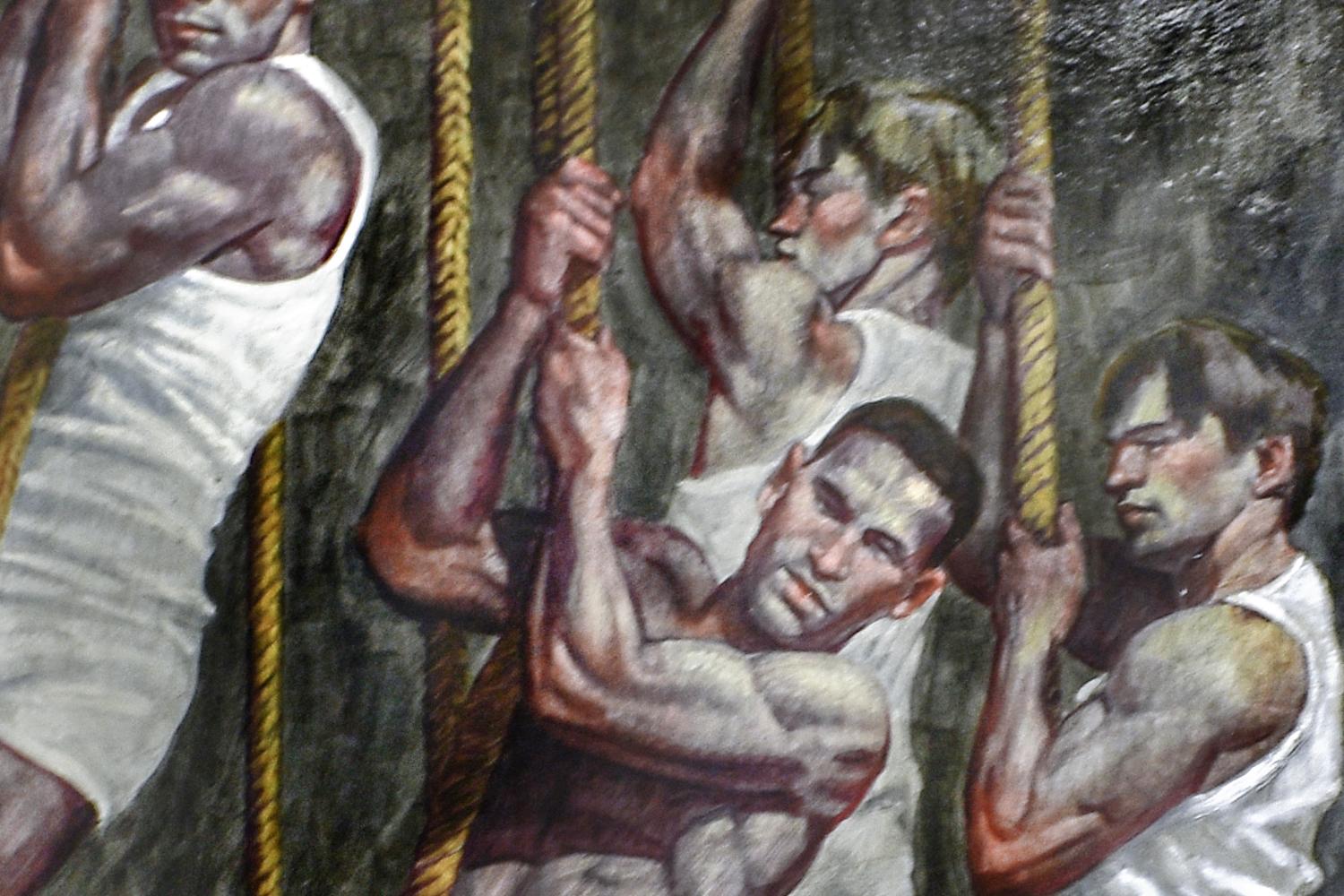 Fünf Gymnastinnen im Training (große figurative Malerei von Athleten im akademischen Stil) (Schwarz), Portrait Painting, von Mark Beard