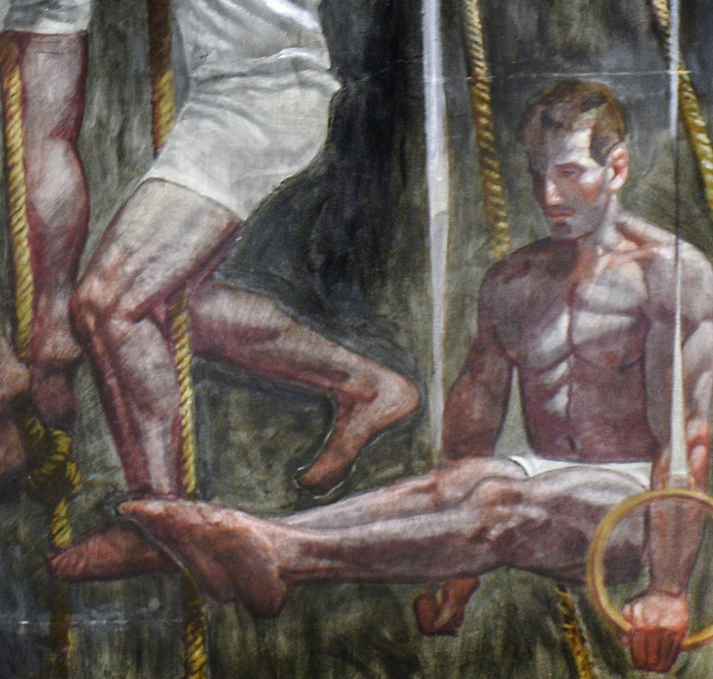 Großes figuratives Gemälde im akademischen Stil mit fünf männlichen Sportlern 
Gemalt von Mark Beard alias 