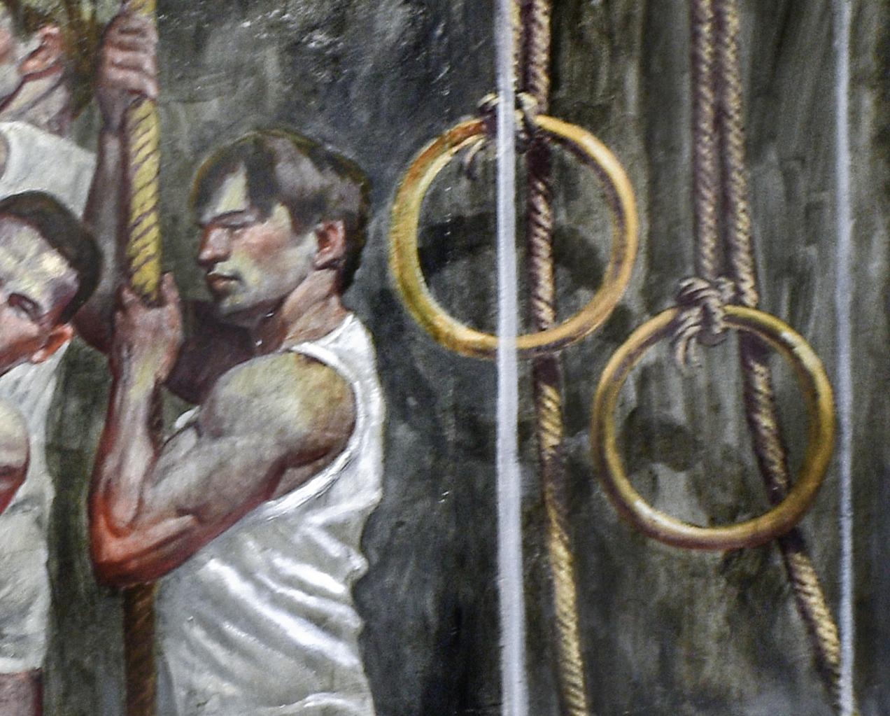 Grande peinture figurative de style académique représentant cinq athlètes masculins 
Peint par Mark Beard, alias 