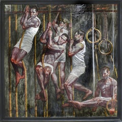 Five Gymnasts in Training (Large Academic Style Figurative Painting of Athletes)