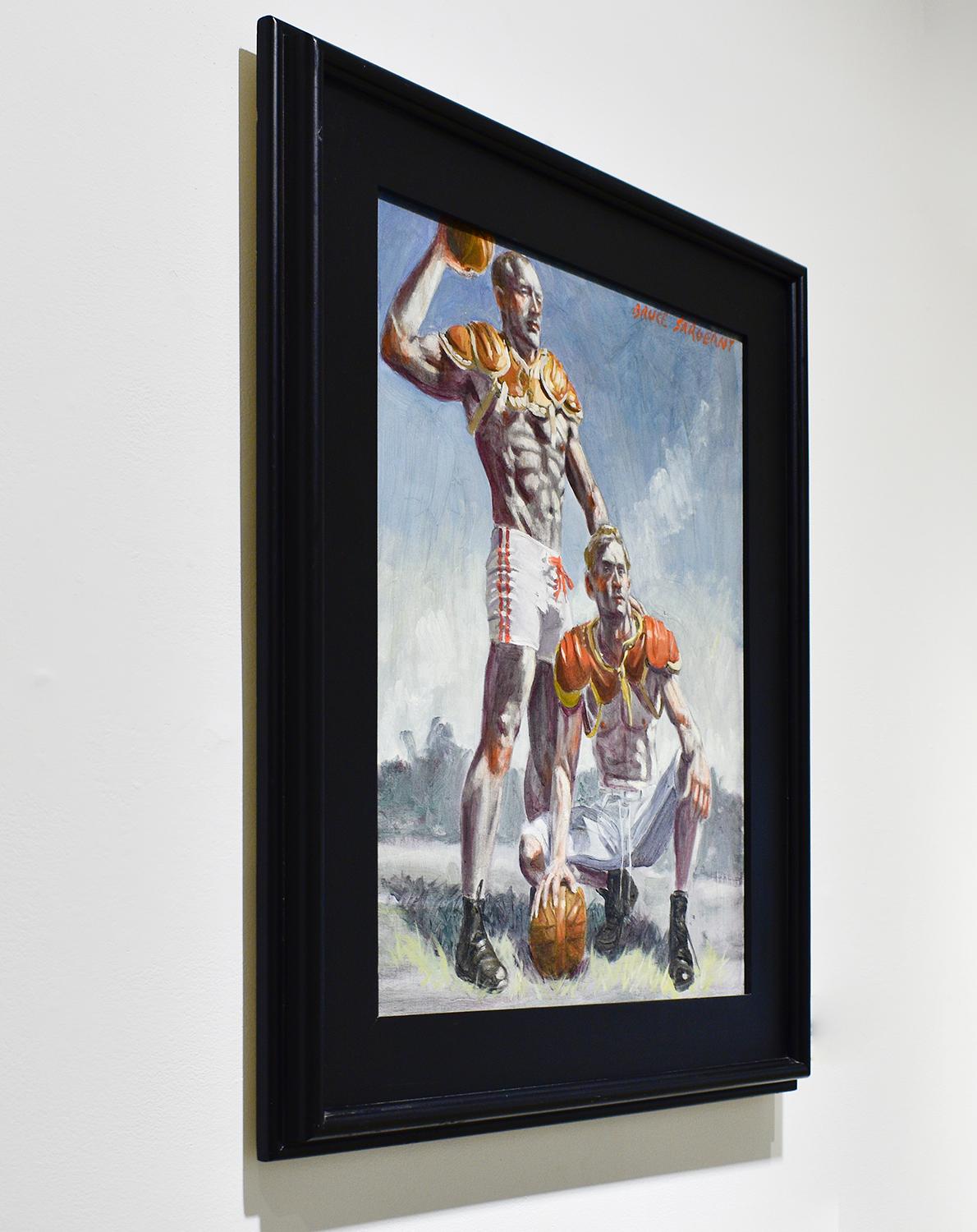 Academic style figurative oil painting of two muscular football players 
Painted by Mark Beard as Bruce Sargeant
Oil on canvas, signed upper right
20 x 16 inches unframed, 26 x 22 inches in black frame with wire backing

This vertical, figurative