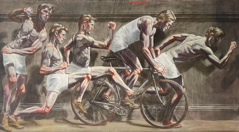 Academic style figurative painting of fiveyoung athletes running and on bicycles
"Frieze with Five Athletes", painted by Mark Beard as Bruce Sargeant (pseudonym in homage to the fashion photographer, Bruce Weber, and figurative painter, John Singer