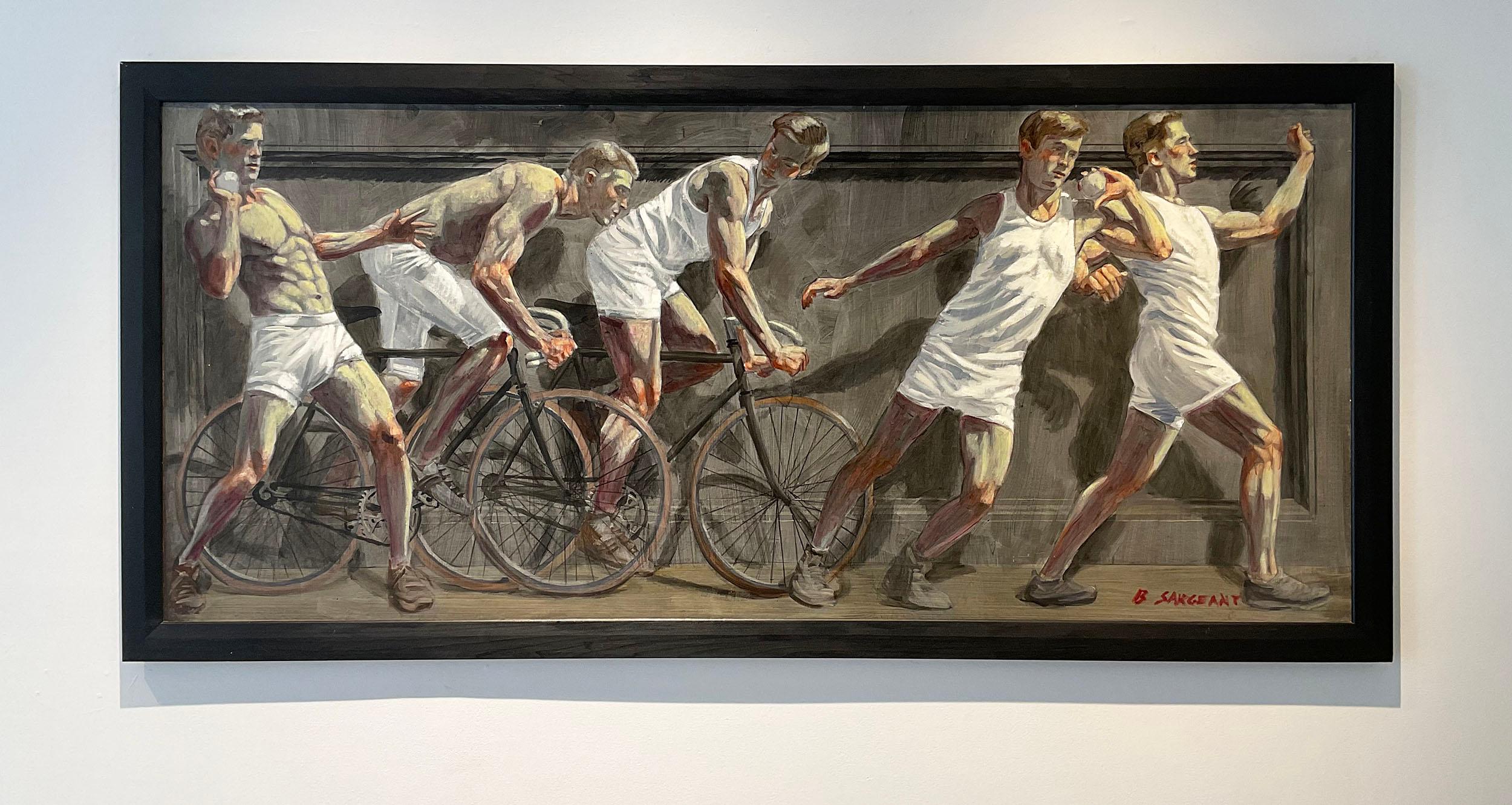 Frise avec deux athlètes sur vélos (peinture à l'huile de Bruce Sargeant de Mark Beard) en vente 1