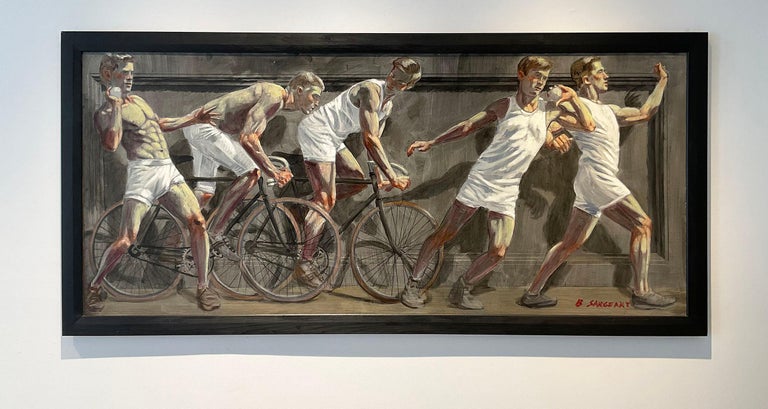 Frieze with Two Athletes on Bikes (Oil Painting by Mark Beard's Bruce Sargeant) For Sale 1