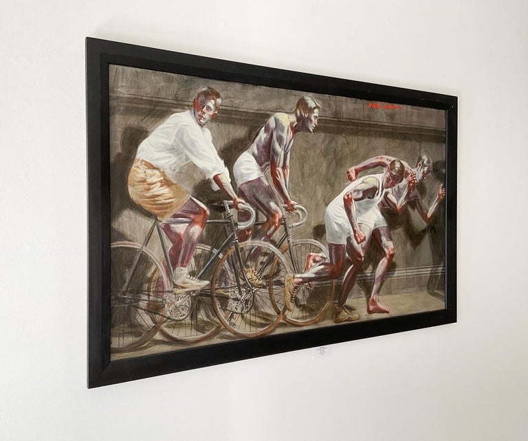 Frieze with Two Athletes on Bikes (Oil Painting by Mark Beard's Bruce Sargeant) For Sale 2