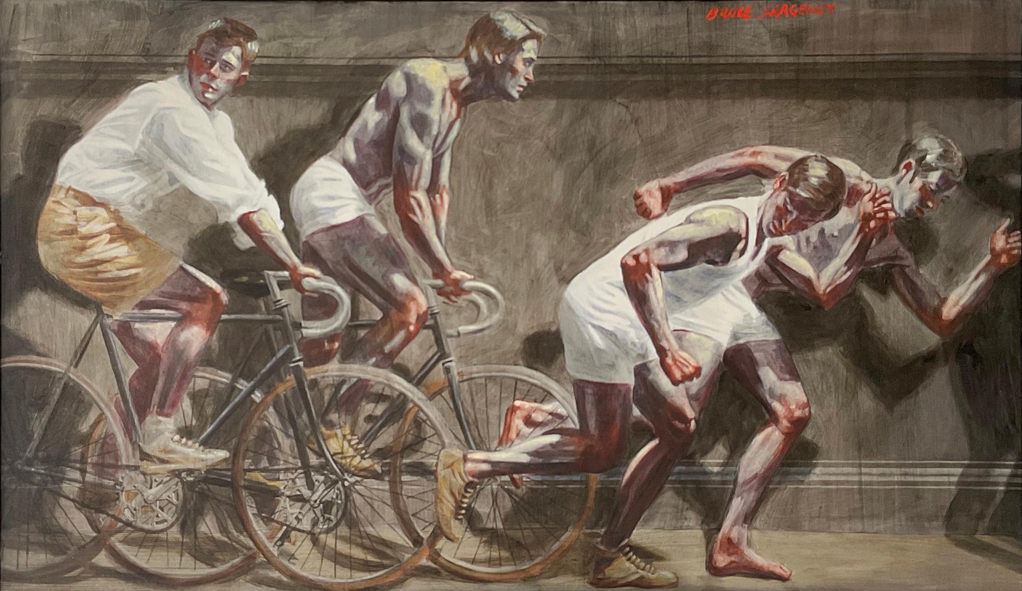 Academic style figurative painting of four young athletes running and on bicycles
