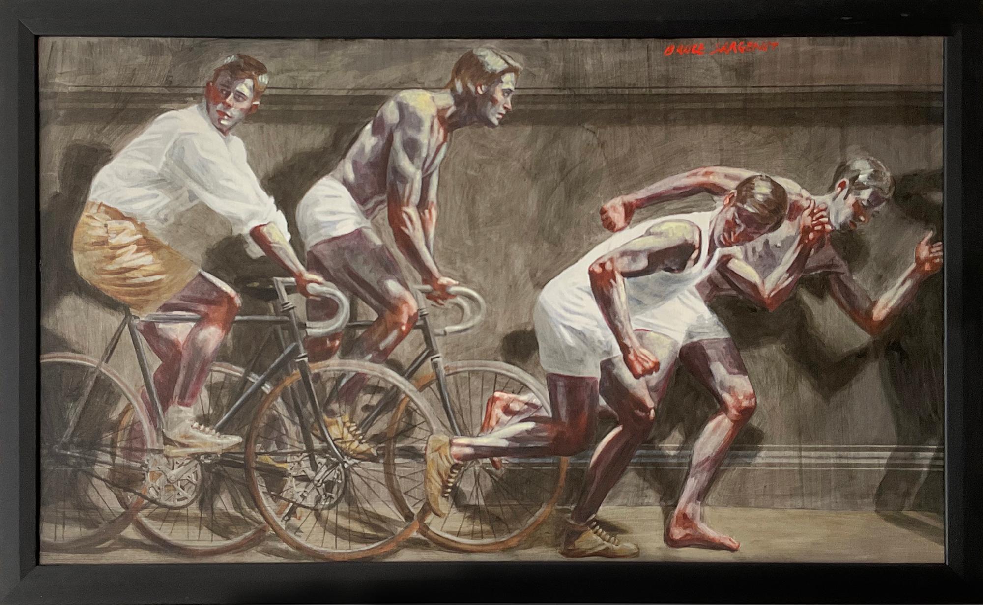 Akademisches figuratives Gemälde von vier jungen Sportlern beim Laufen und auf Fahrrädern
"Fries mit zwei Männern auf Fahrrädern", gemalt von Mark Beard als Bruce Sargeant (Pseudonym in Anlehnung an den Modefotografen Bruce Weber und den figurativen