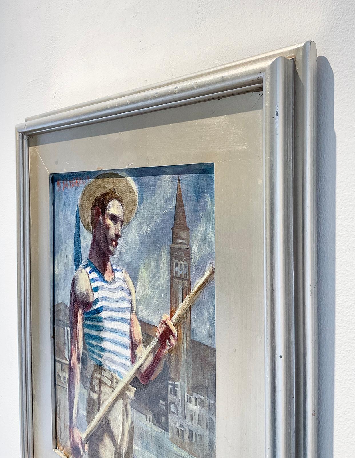 Academic style figurative oil painting of a muscular male gondolier with Venice's St. Mark's Campanile in the background
