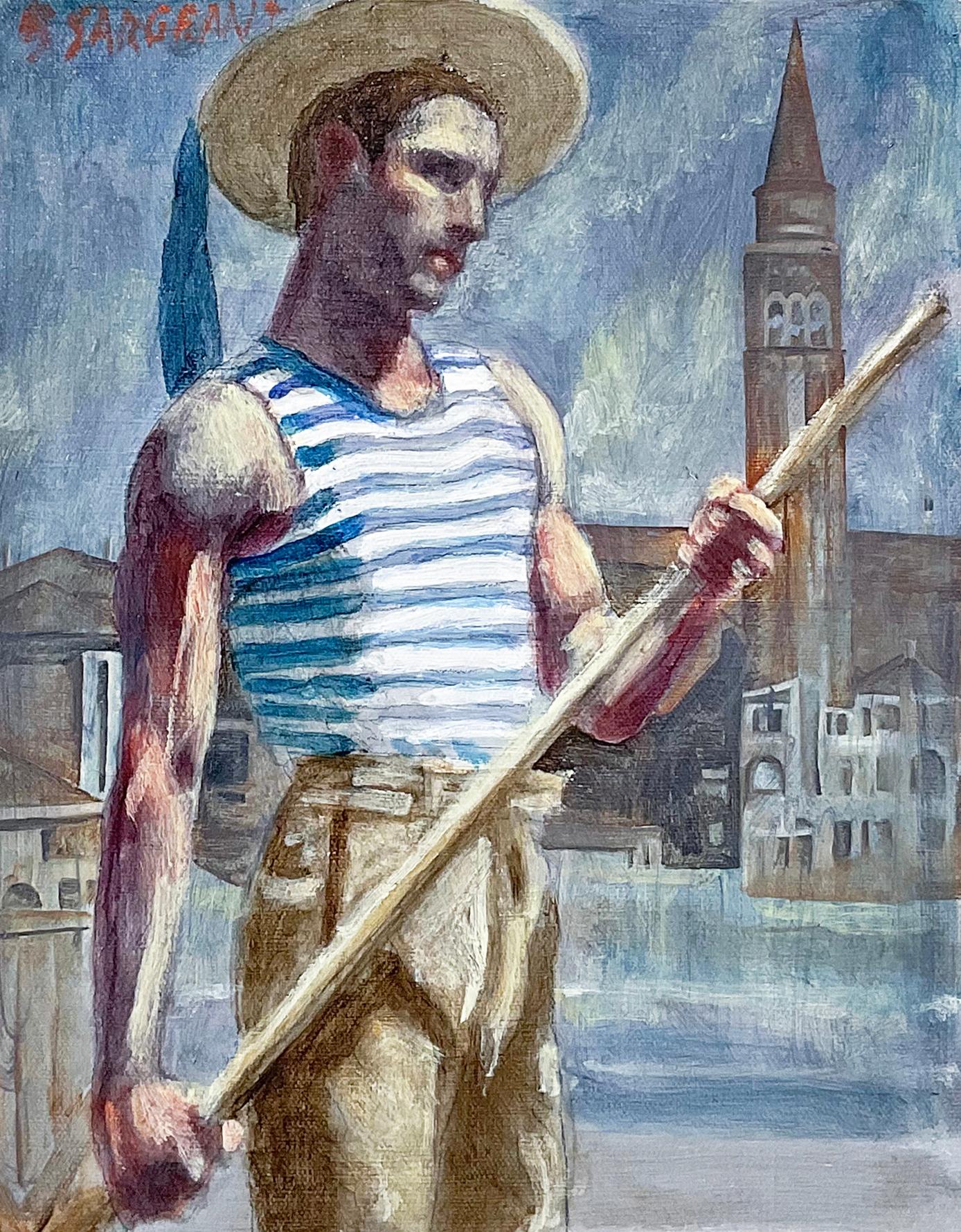 Gondolier (Figurative Painting of Man in Venice by Mark Beard, Bruce Sargeant) For Sale 1