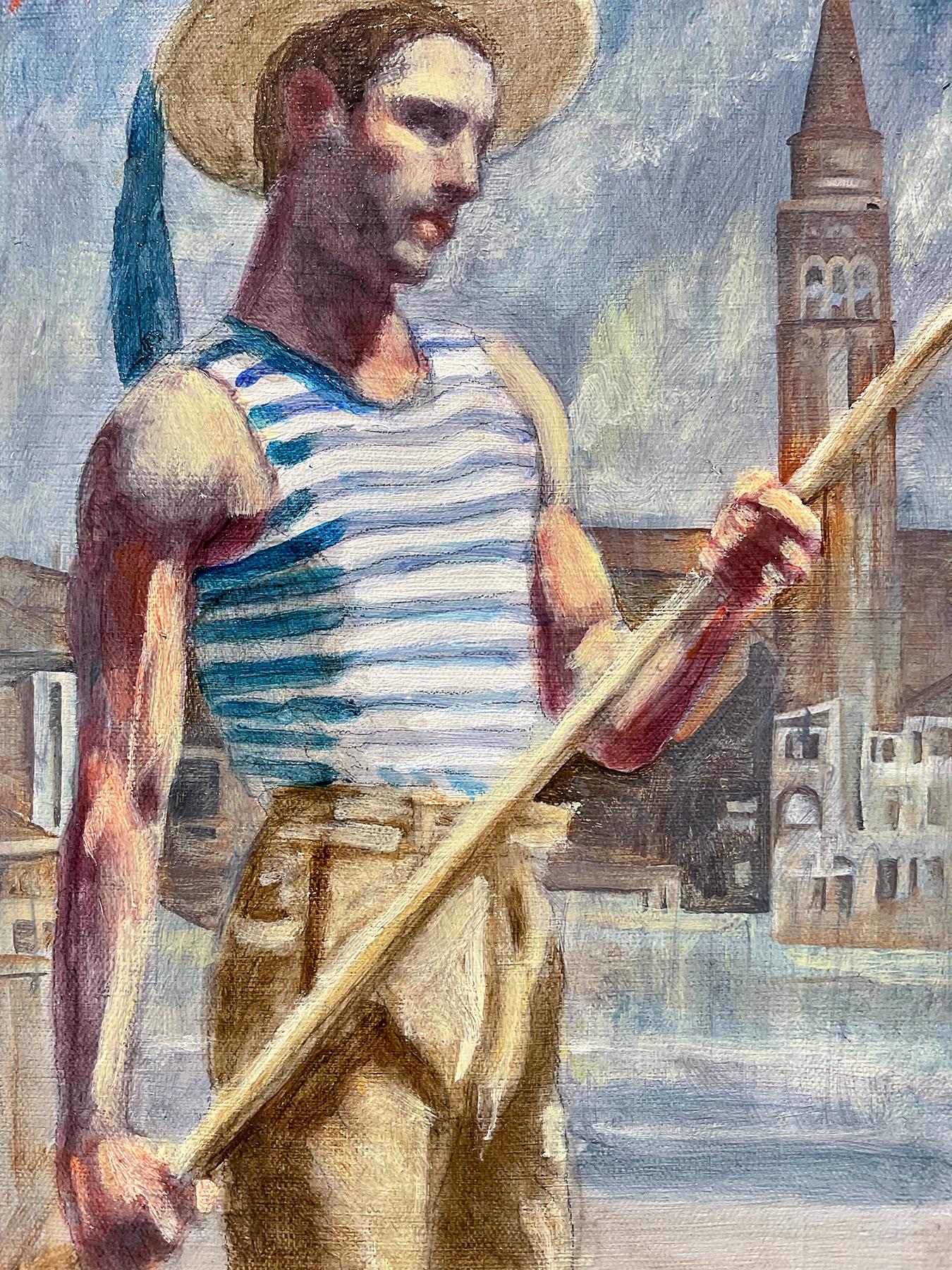 Gondolier (Figurative Painting of Man in Venice by Mark Beard, Bruce Sargeant) For Sale 2