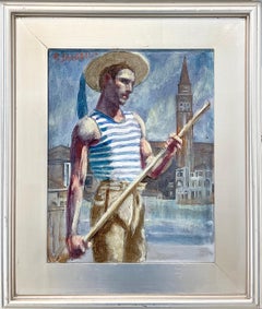 Retro Gondolier (Figurative Painting of Man in Venice by Mark Beard, Bruce Sargeant)