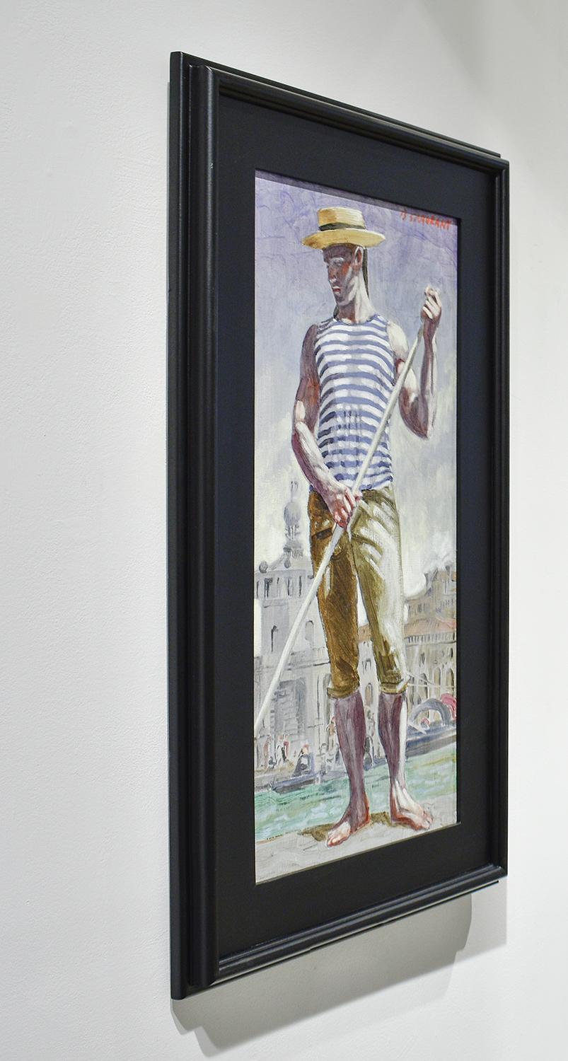 Academic style figurative oil painting of a handsome gondolier in Venice with a blue and white pin stripe shirt with Saint Mark’s Basilica in the background 
Painted by Mark Beard as Bruce Sargeant (pseudonym in homage to the fashion photographer,