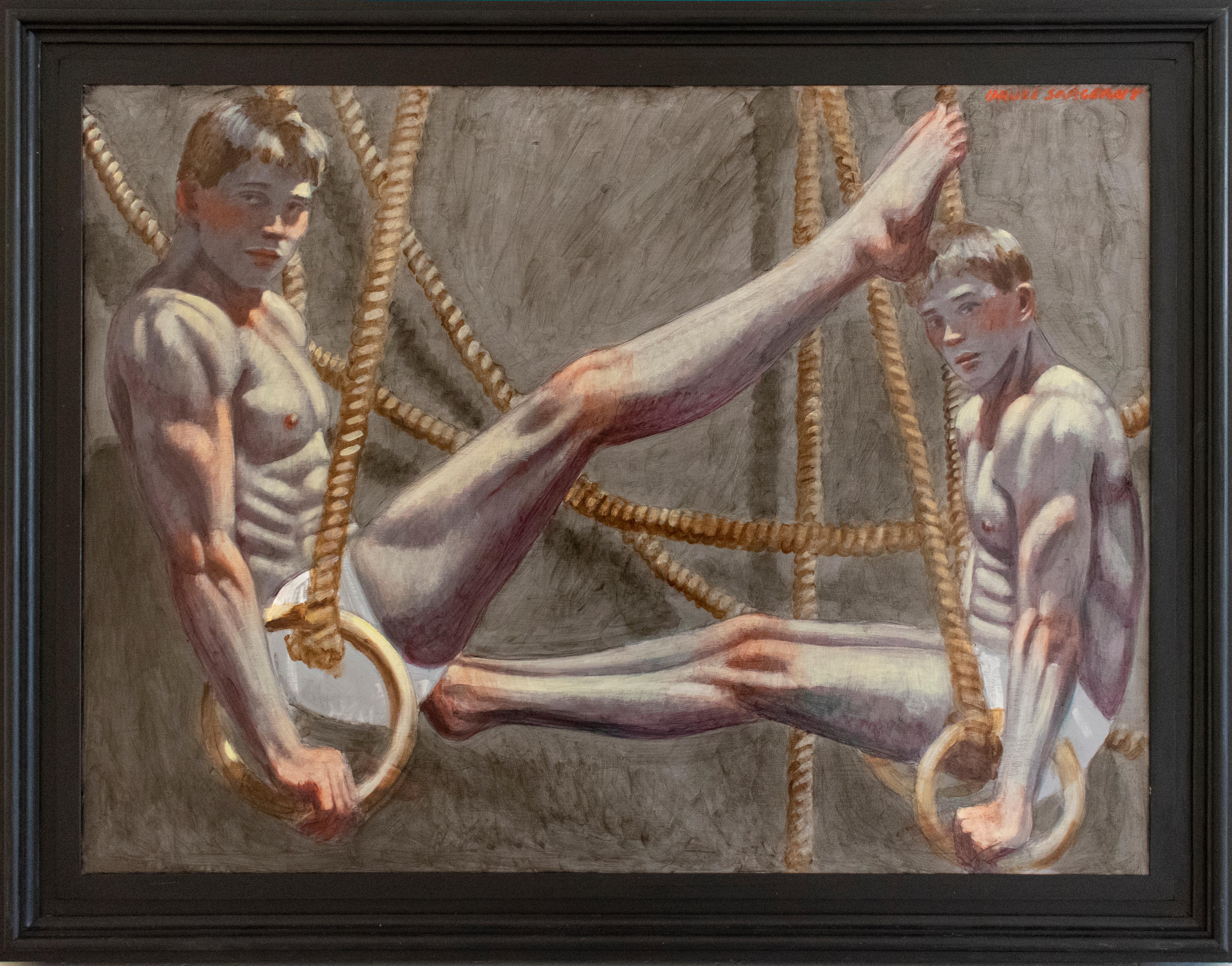 Gymnasts with Rings (Figurative Painting of Two Male Athletes by Mark Beard)