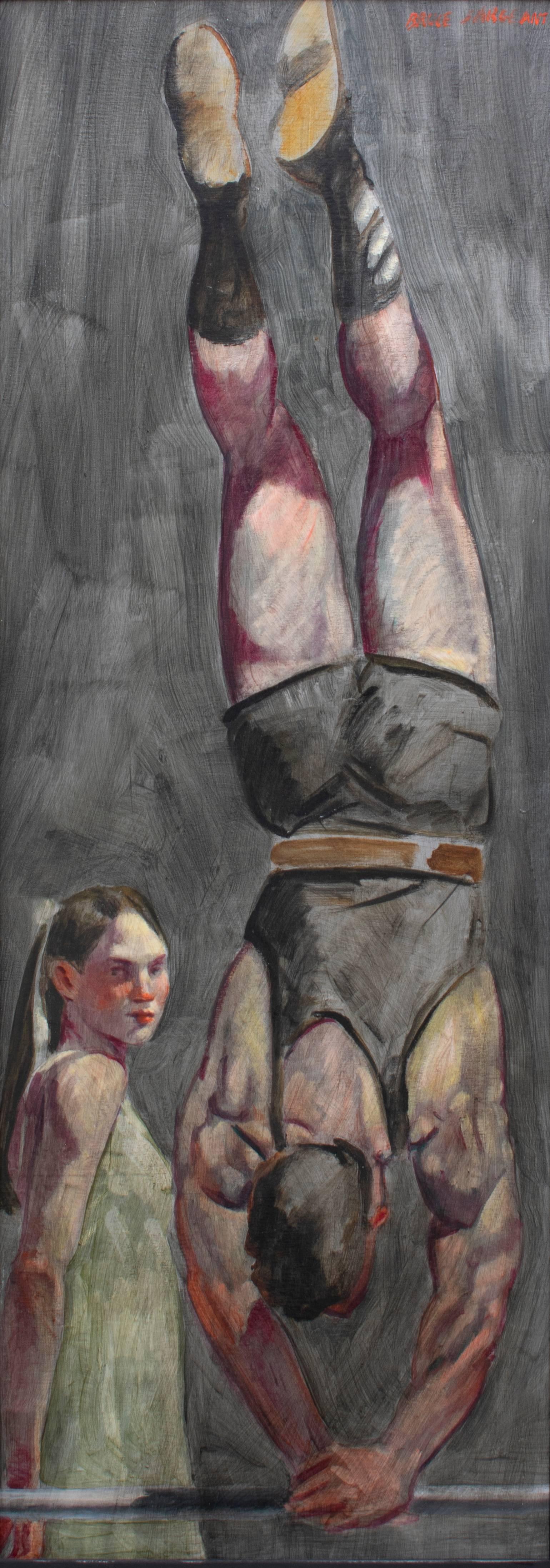Academic style verticle figurative painting of an athletic male model doing a handstand next to a girl.
oil on canvas
55 X 19 1/2" inches
63 x 27.5 x 3 inches framed

This painting is a selection from a large mural the artist was commissioned to
