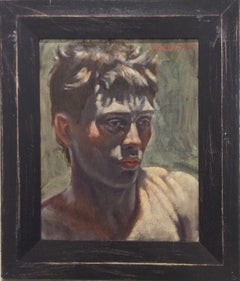 Head of a Man (Figurative Oil Painting Portrait by Mark Beard, Black Wood Frame)