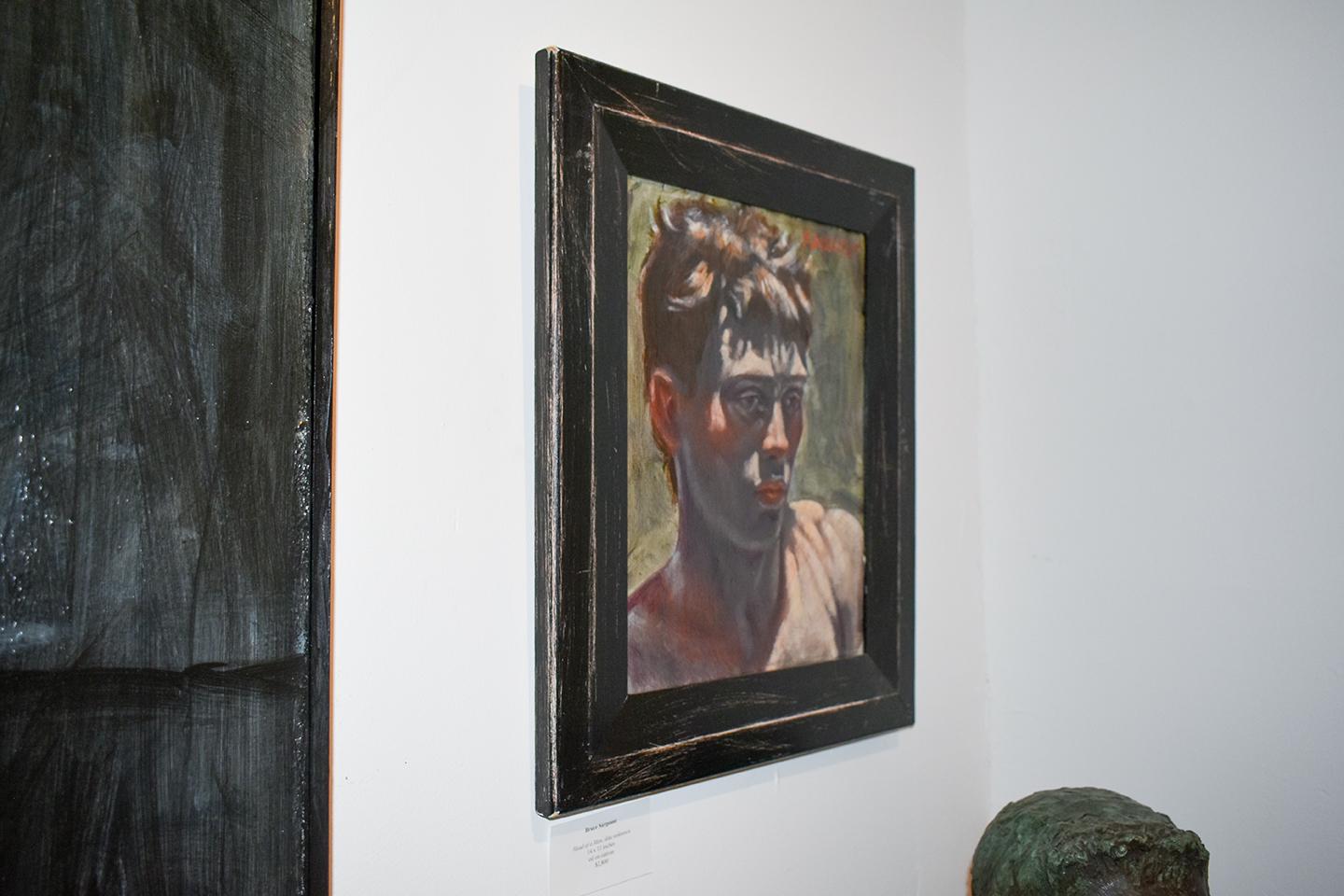Head of a Man (Figurative Oil Painting Portrait by Mark Beard, Black Wood Frame) 1