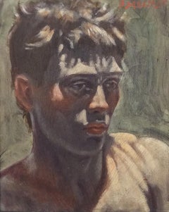 Head of a Man (Figurative Oil Painting Portrait by Mark Beard, Black Wood Frame)