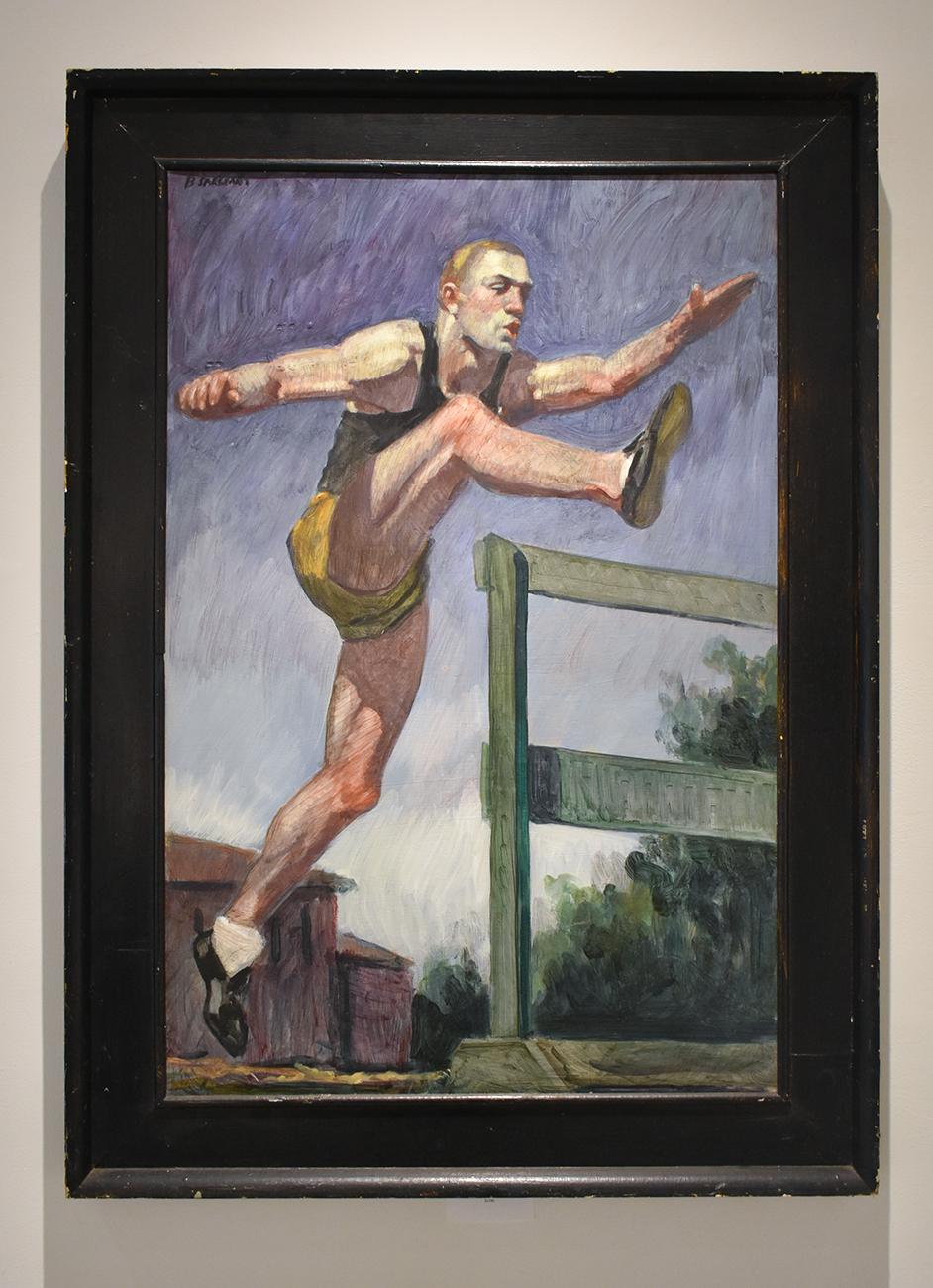 Vertical figurative oil painting of male athlete jumping hurdles
36 x 24 inches, 43 x 31 x 2.5 inches in distressed black painted wood frame
Signed, verso & front (Mark Beard, aka. Bruce Sargeant)

This vertical, contemporary figurative painting of