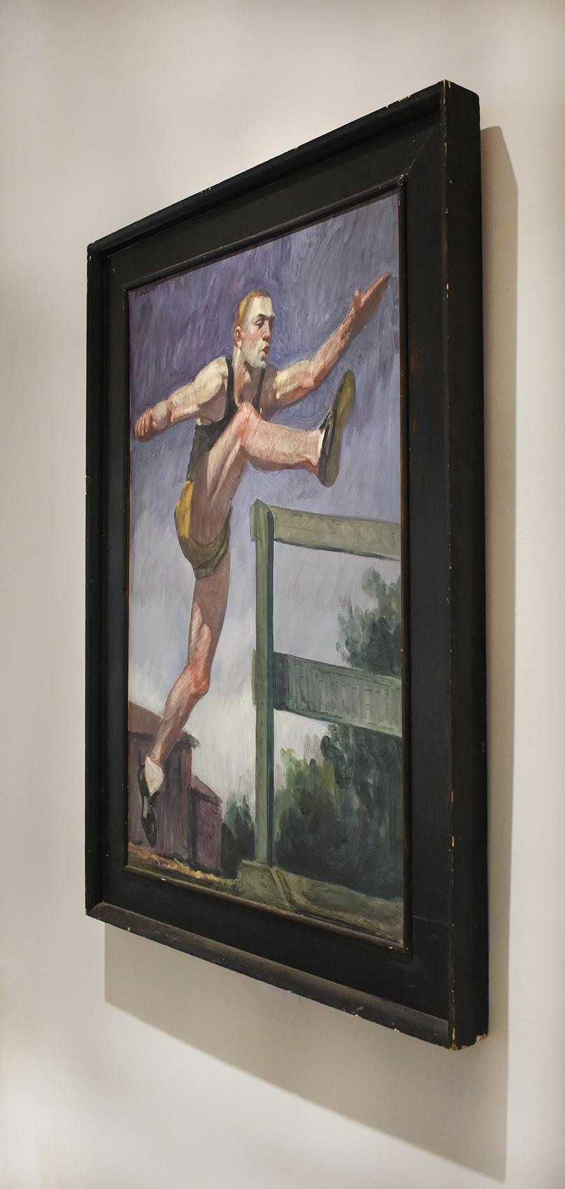 Jumping the Hurdles (Figurative Oil Painting of Athlete, Framed by Mark Beard) 1