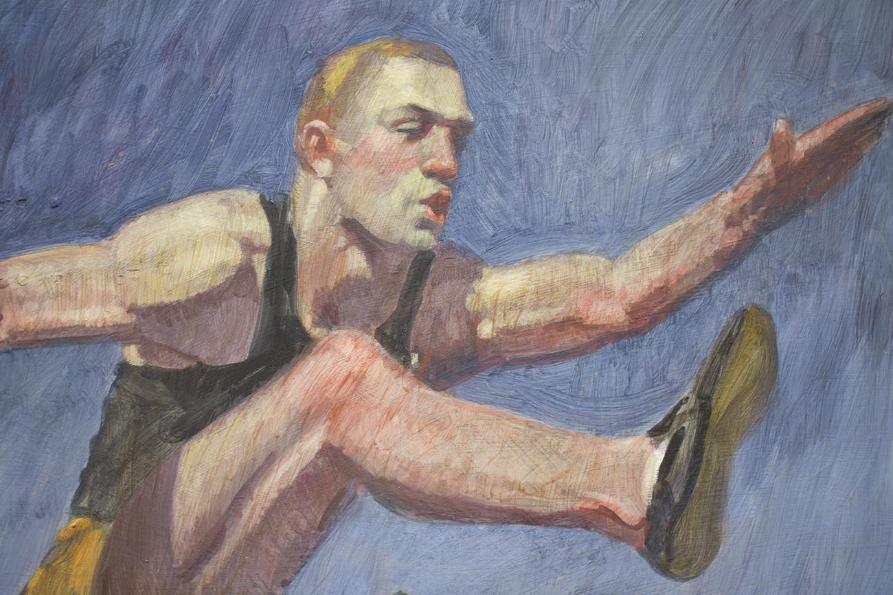 Jumping the Hurdles (Figurative Oil Painting of Athlete, Framed by Mark Beard) 3