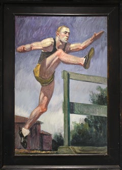 Jumping the Hurdles (Figurative Oil Painting of Athlete, Framed by Mark Beard)