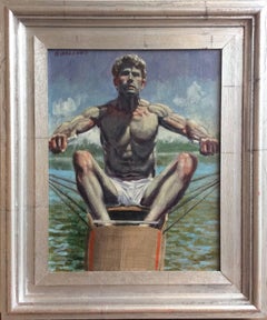 Justin Rowing (Figurative Nautical Style Oil Painting of Athletic Male Figure)