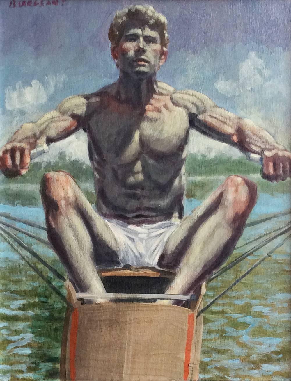 Mark Beard Figurative Painting - Justin Rowing (Figurative Nautical Style Oil Painting of Athletic Male Figure)