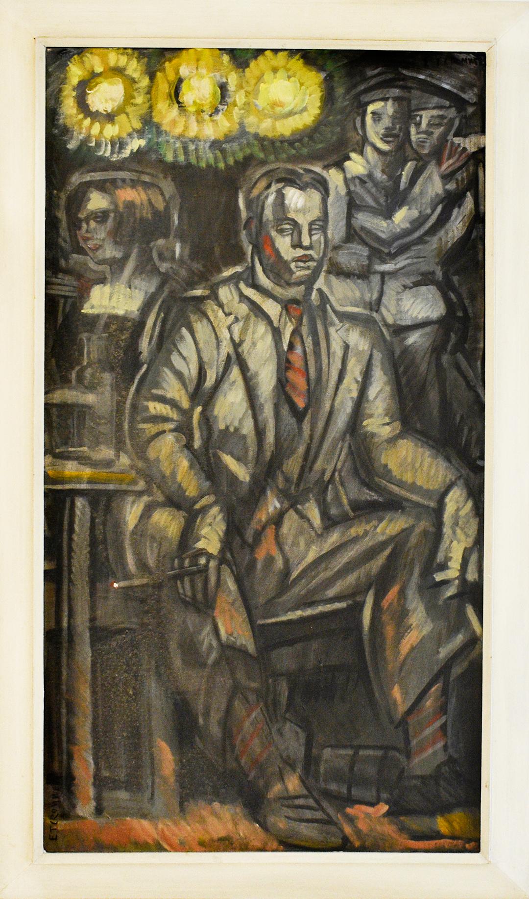 Man in Anzug (Figuratives Gemälde im WPA-Stil von Mark Beard als Edith Cromwell)  im Angebot 1