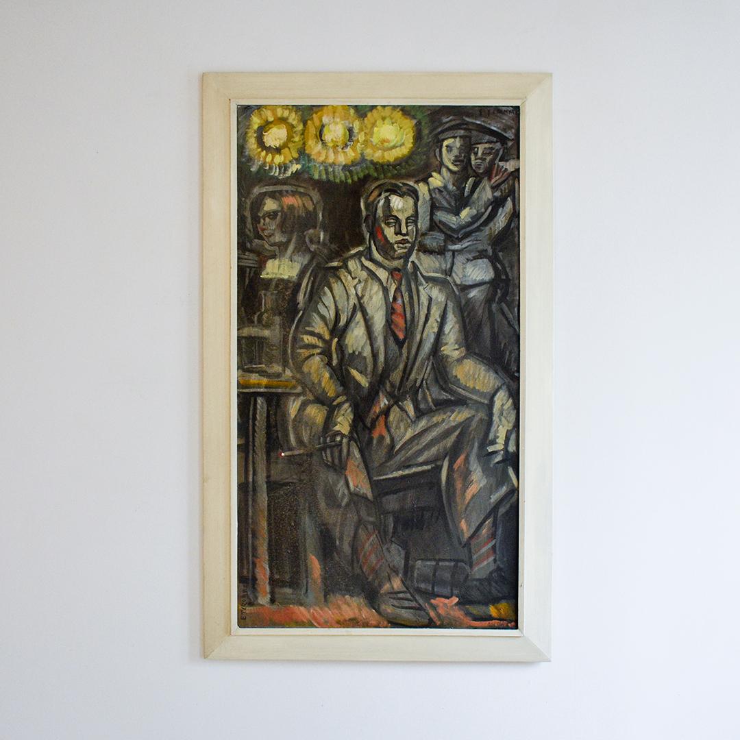 Man in Anzug (Figuratives Gemälde im WPA-Stil von Mark Beard als Edith Cromwell)  im Angebot 3