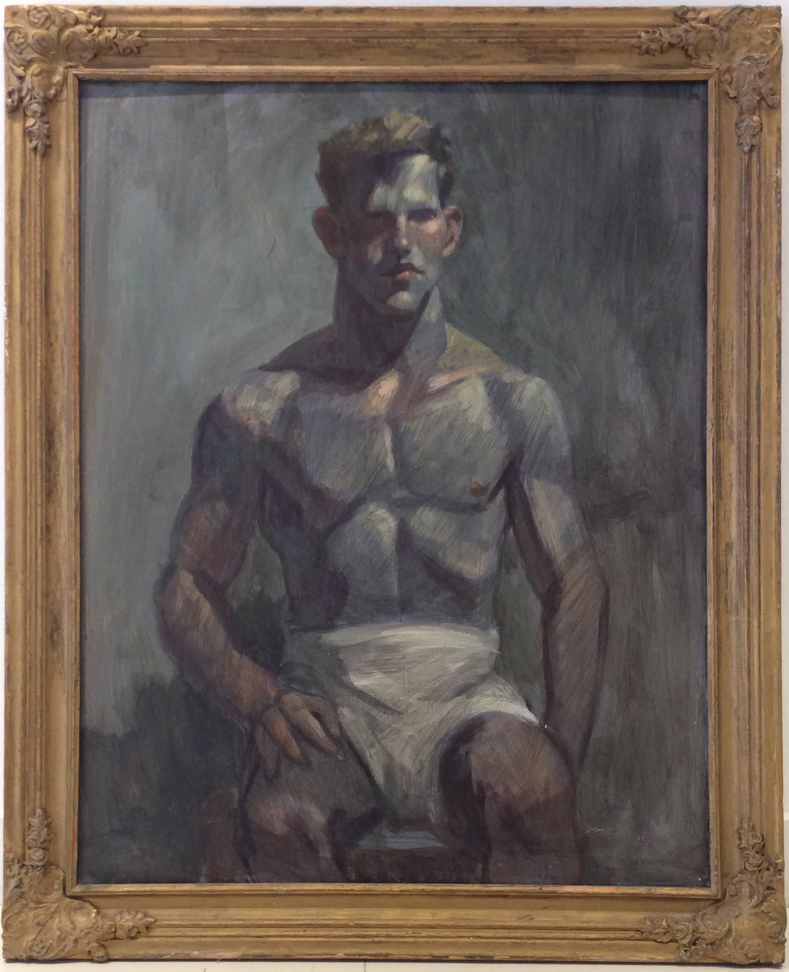 Mark Beard Portrait Painting - Man in White Shorts (Figurative Oil Painting on Canvas of Seated Male, Framed)